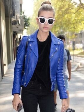 IRO Women Biker 100%  Lamb Leather Motorcycle Jacket Blue Collared Snap Size  40
